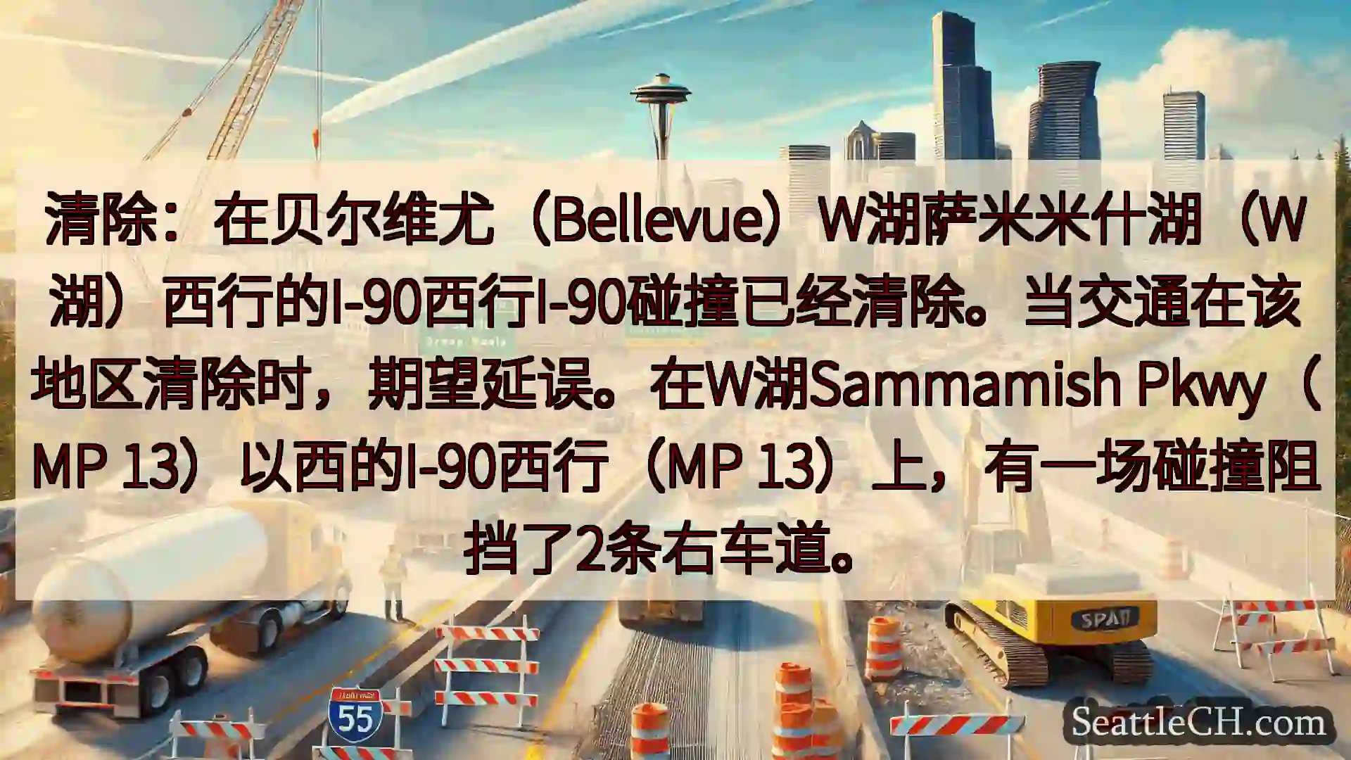 清除：在贝尔维尤（Bellevue）W湖萨米米什湖（W湖）西行的I-90西行I-90碰撞已经清除。当