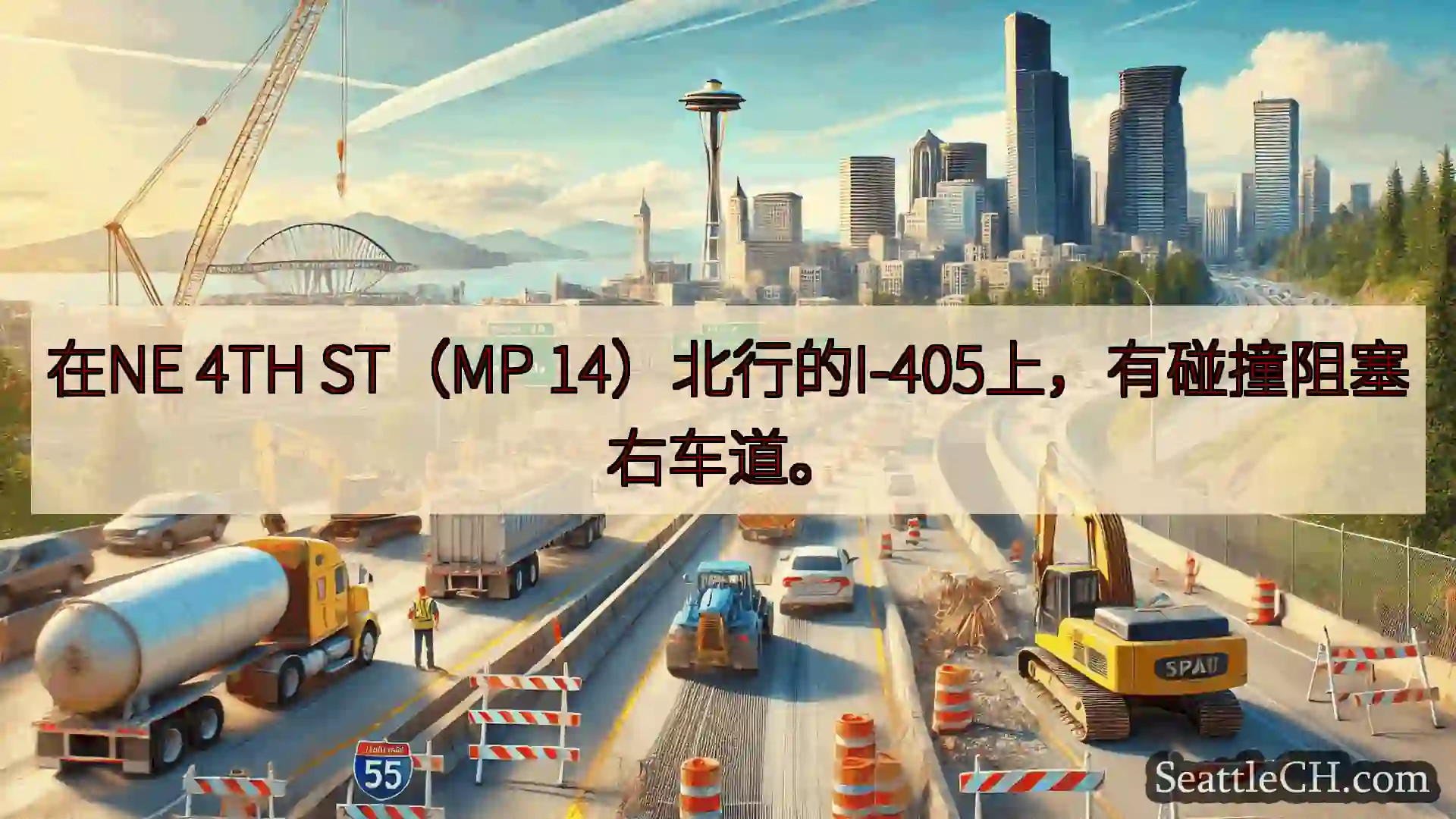 在NE 4TH ST（MP 14）北行的I-405上，有碰撞阻塞右车道。