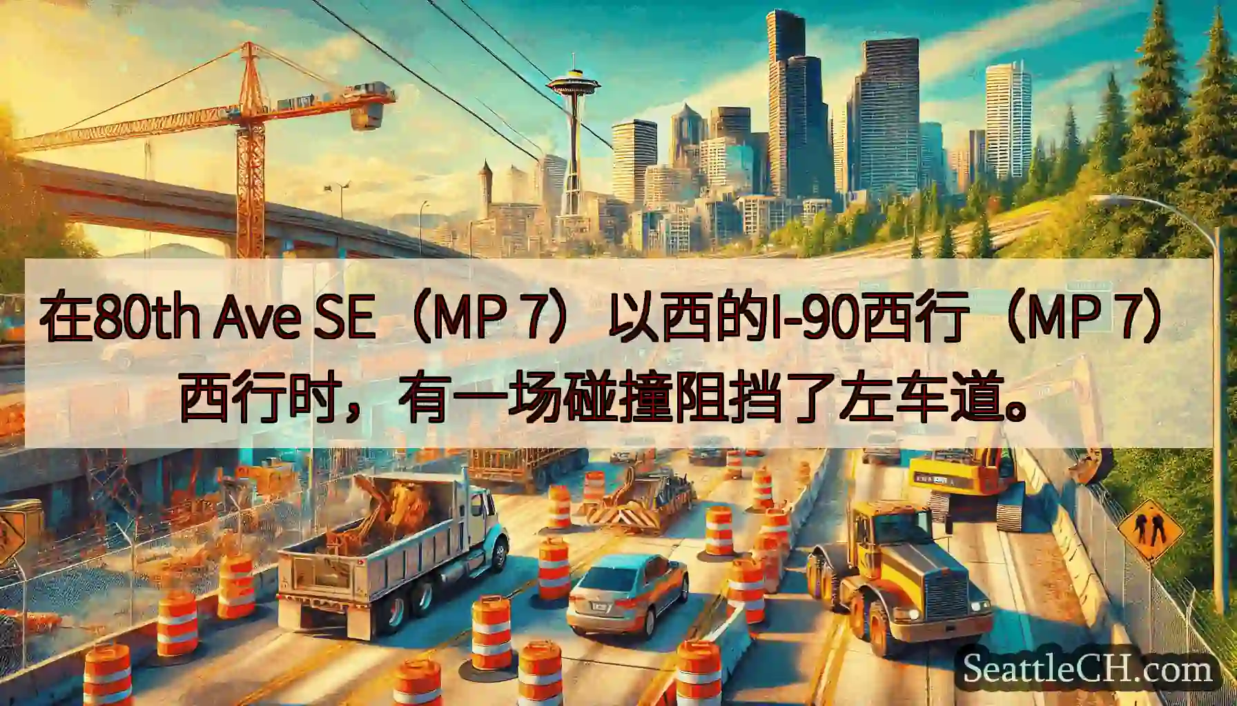 在80th Ave SE（MP 7）以西的I-90西行（MP 7）西行时，有一场碰撞阻挡了左车道。