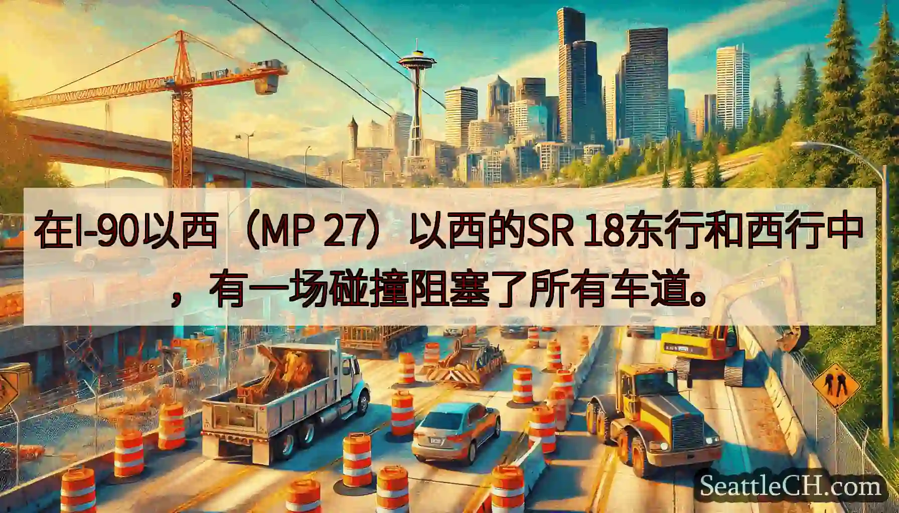 在I-90以西（MP 27）以西的SR 18东行和西行中，有一场碰撞阻塞了所有车道。