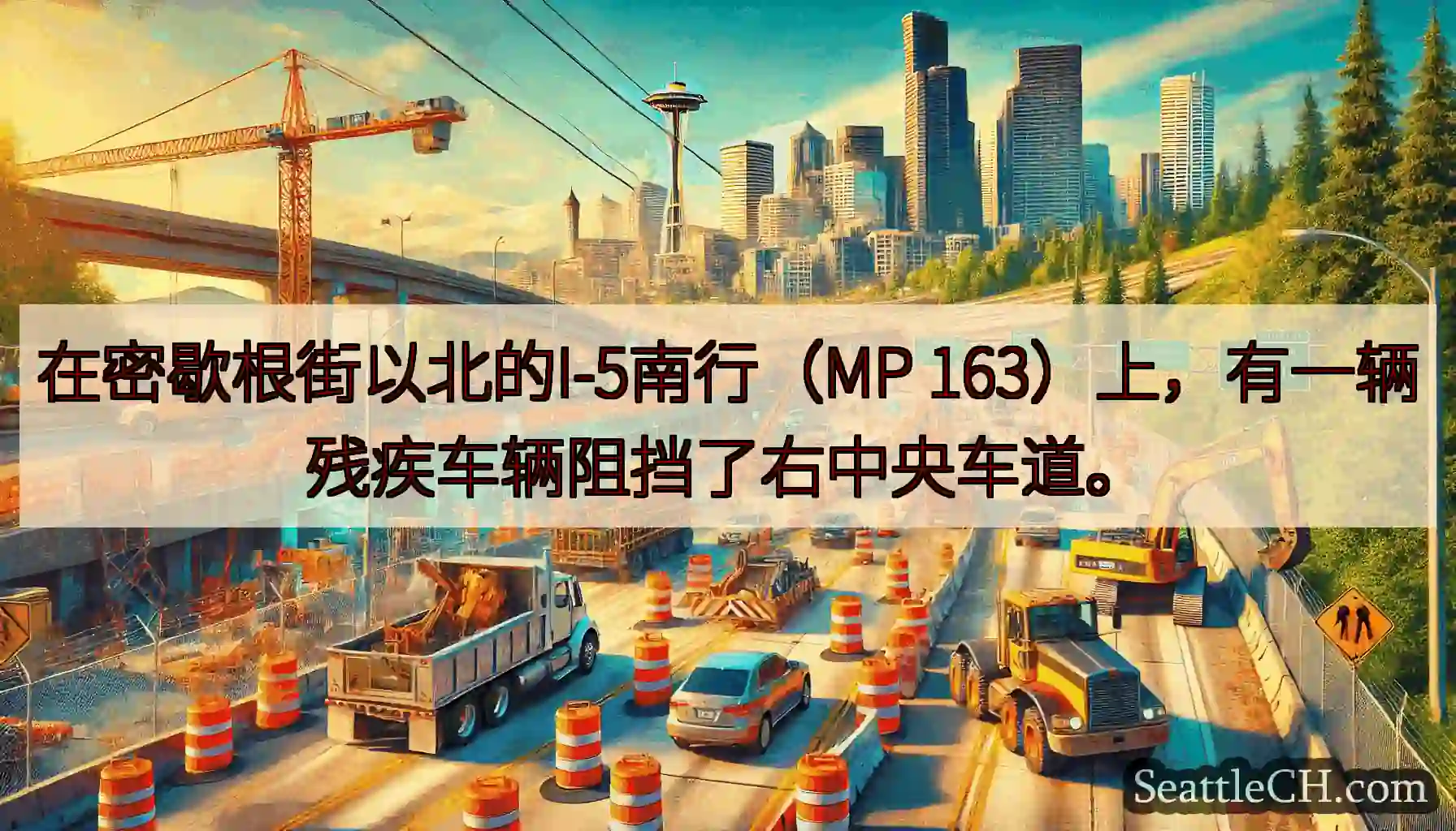 在密歇根街以北的I-5南行（MP 163）上，有一辆残疾车辆阻挡了右中央车道。