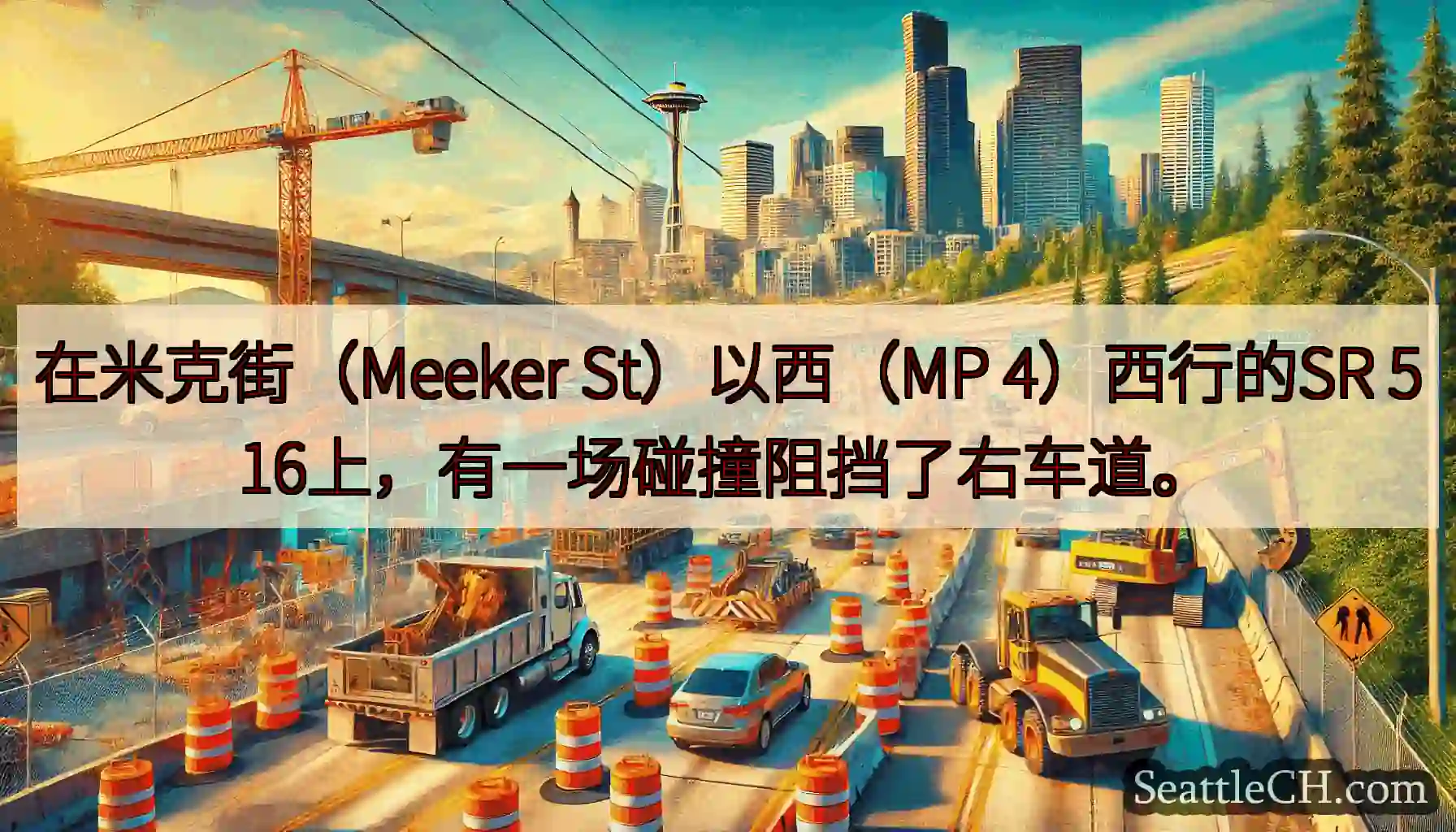 在米克街（Meeker St）以西（MP 4）西行的SR 516上，有一场碰撞阻挡了右车道。