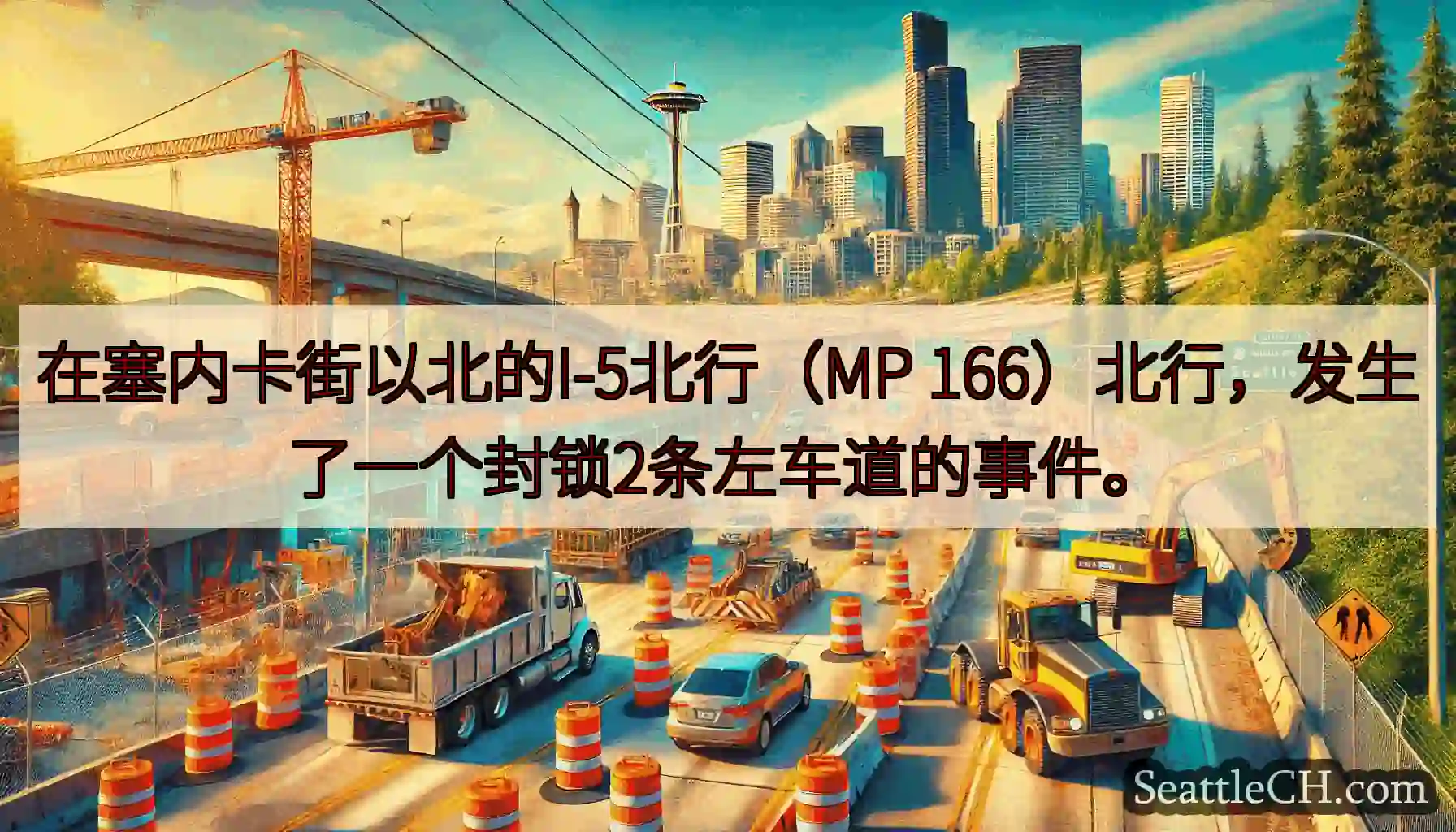在塞内卡街以北的I-5北行（MP 166）北行，发生了一个封锁2条左车道的事件。
