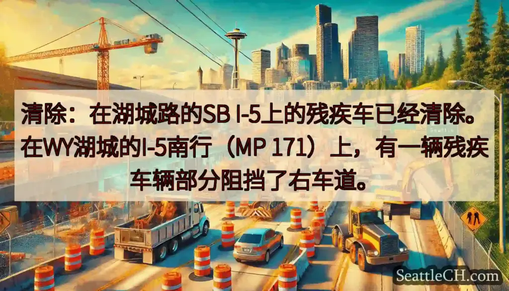 清除：在湖城路的SB I-5上的残疾车已经清除。在WY湖城的I-5南行（MP