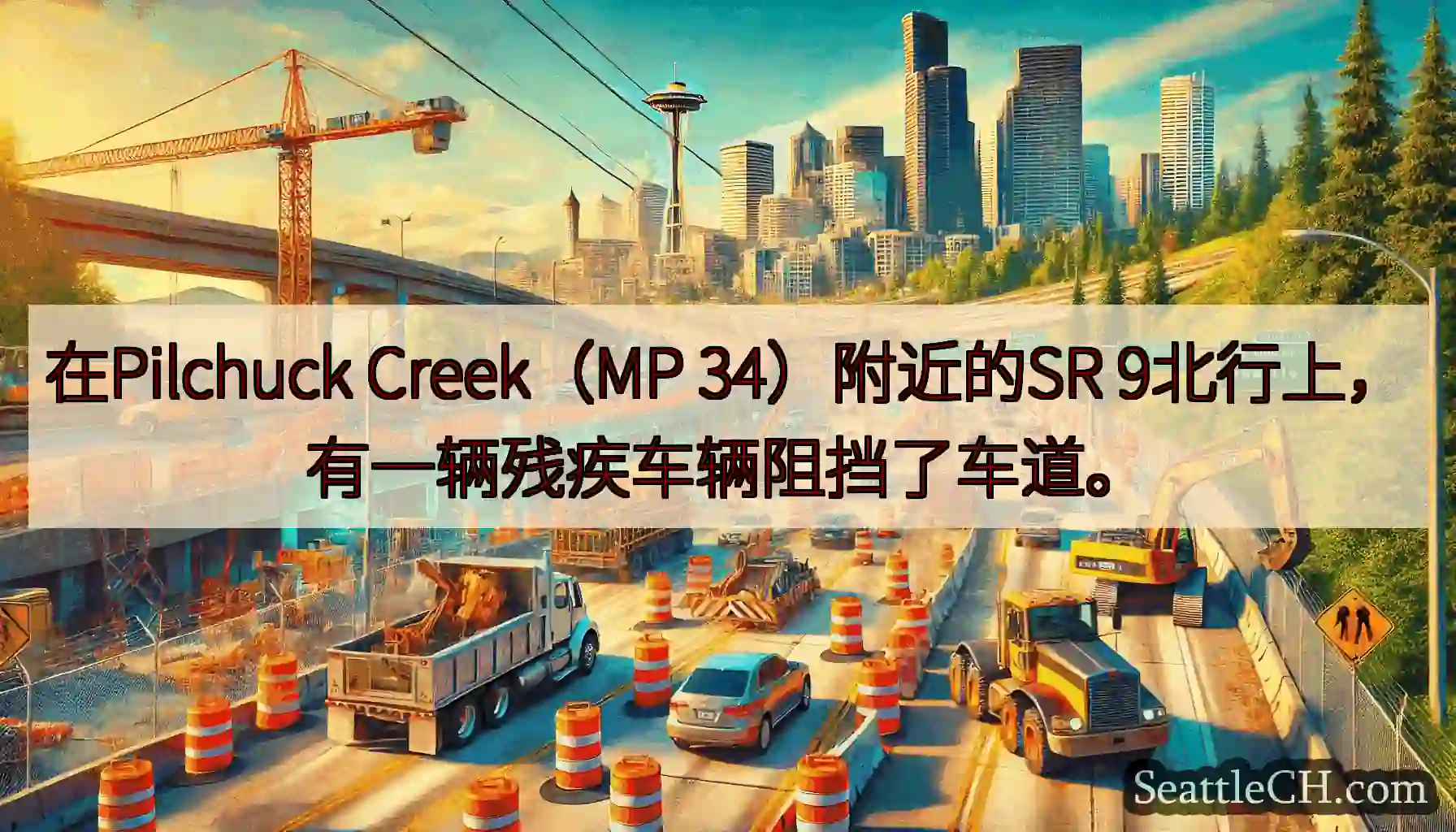 在Pilchuck Creek（MP 34）附近的SR 9北行上，有一辆残疾车辆阻挡了车道。