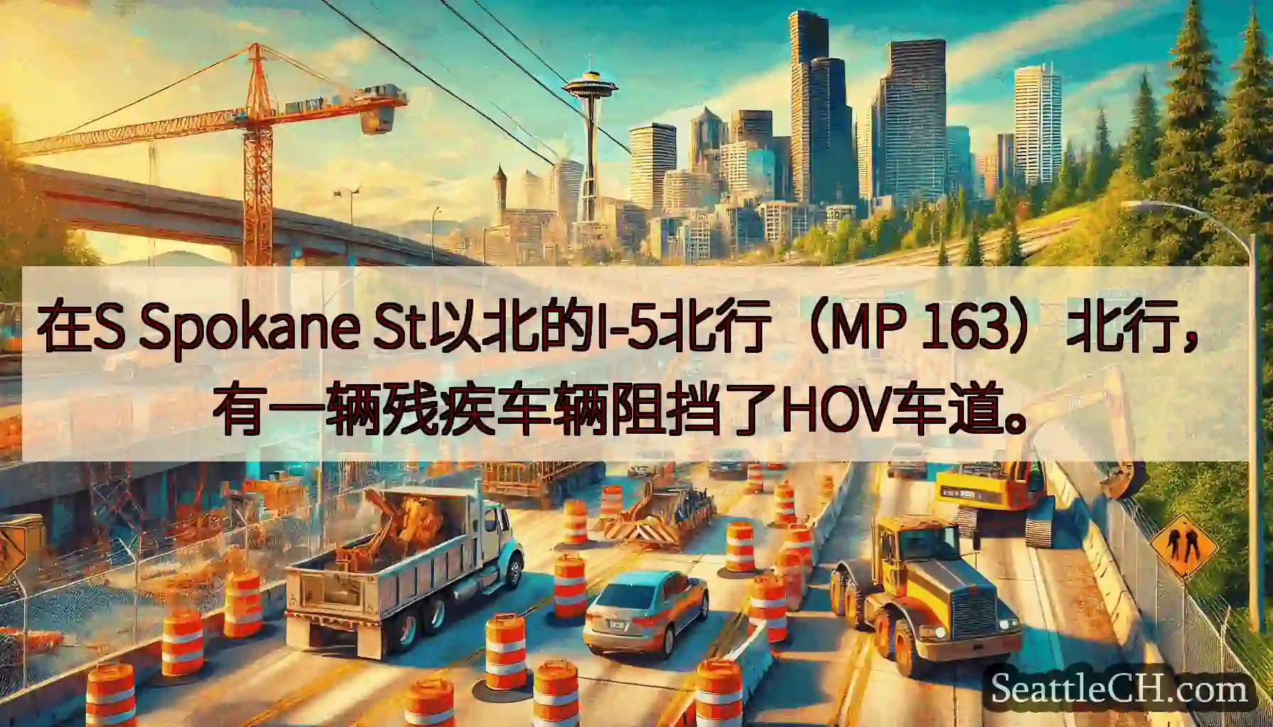 在S Spokane St以北的I-5北行（MP 163）北行，有一辆残疾车辆阻挡了HOV车道。