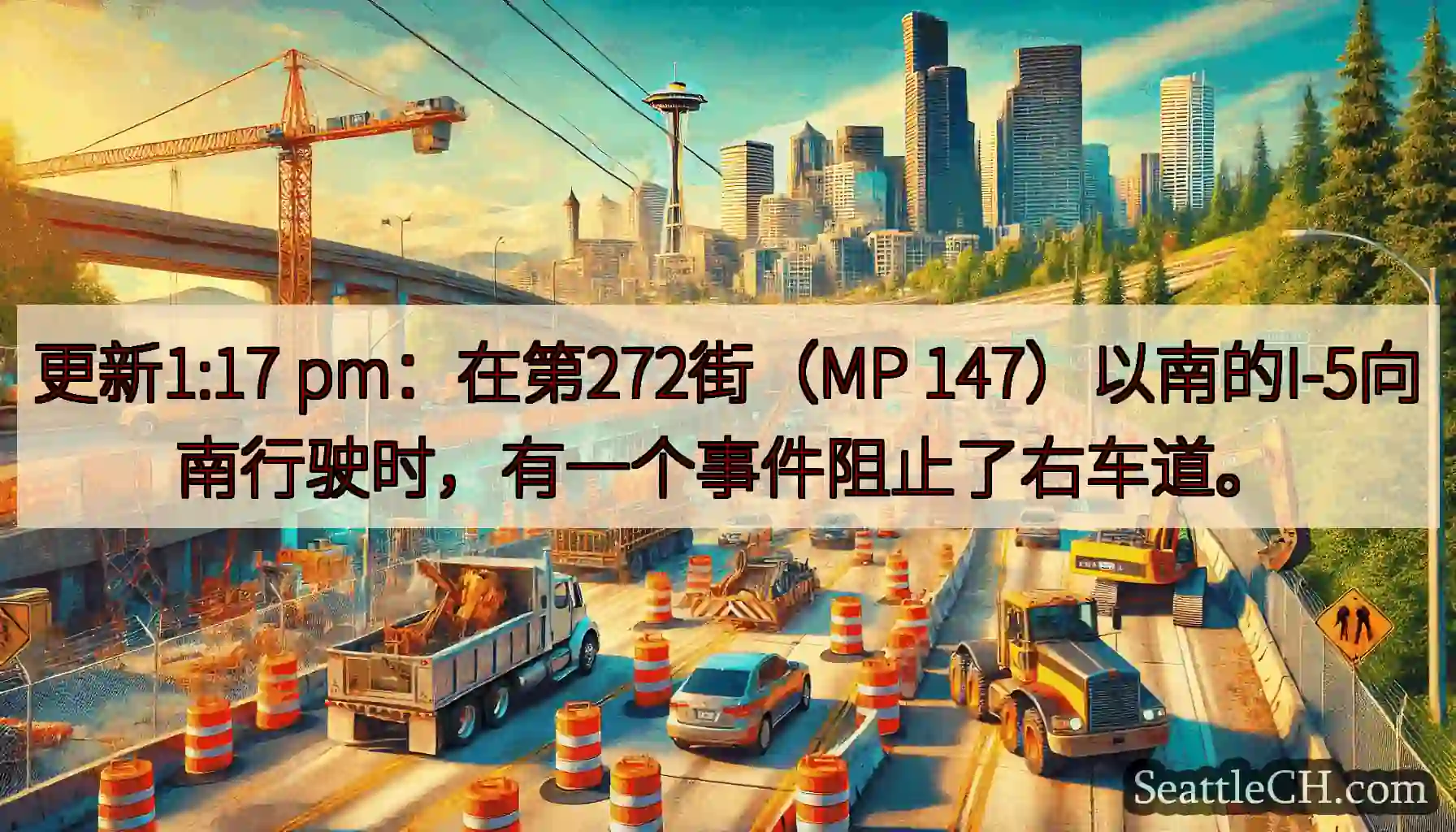 更新1:17 pm：在第272街（MP 147）以南的I-5向南行驶时，有一个事件阻止了右车道。