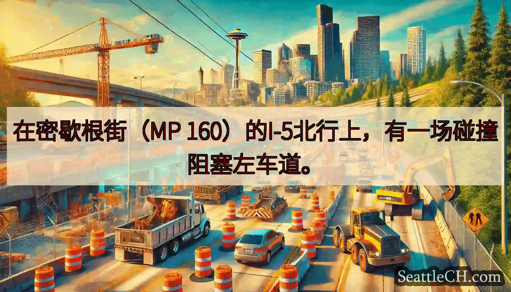 在密歇根街（MP 160）的I-5北行上，有一场碰撞阻塞左车道。