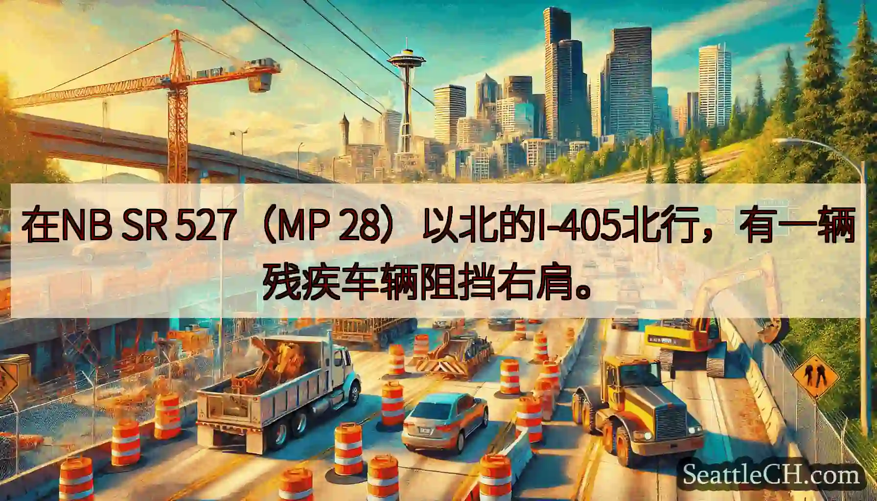 在NB SR 527（MP 28）以北的I-405北行，有一辆残疾车辆阻挡右肩。