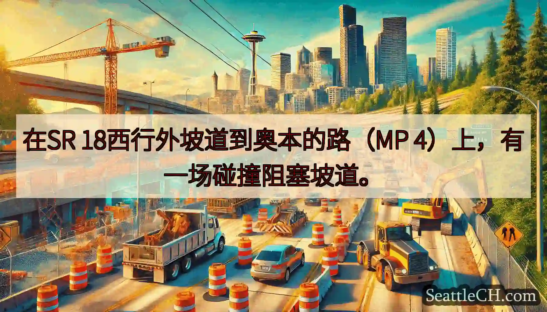 在SR 18西行外坡道到奥本的路（MP 4）上，有一场碰撞阻塞坡道。