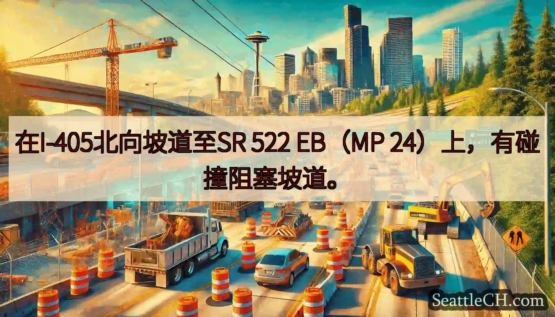 在I-405北向坡道至SR 522 EB（MP 24）上，有碰撞阻塞坡道。