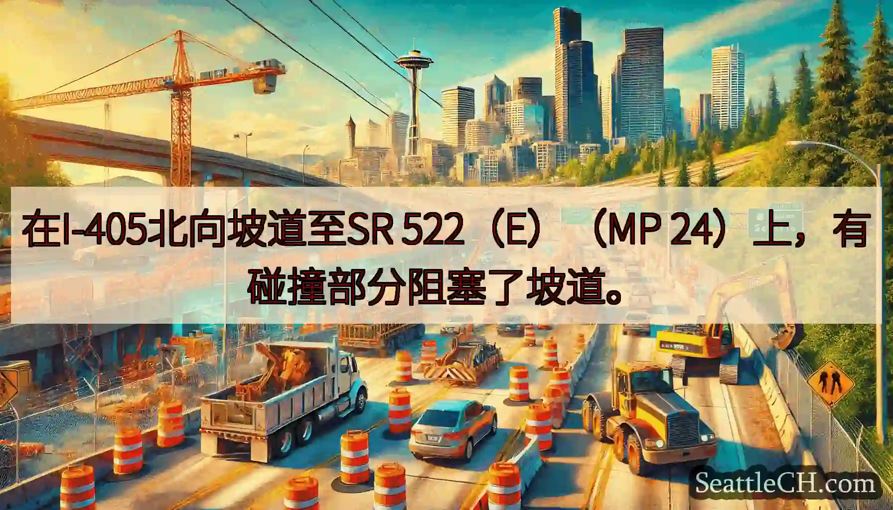 在I-405北向坡道至SR 522（E）（MP 24）上，有碰撞部分阻塞了坡道。