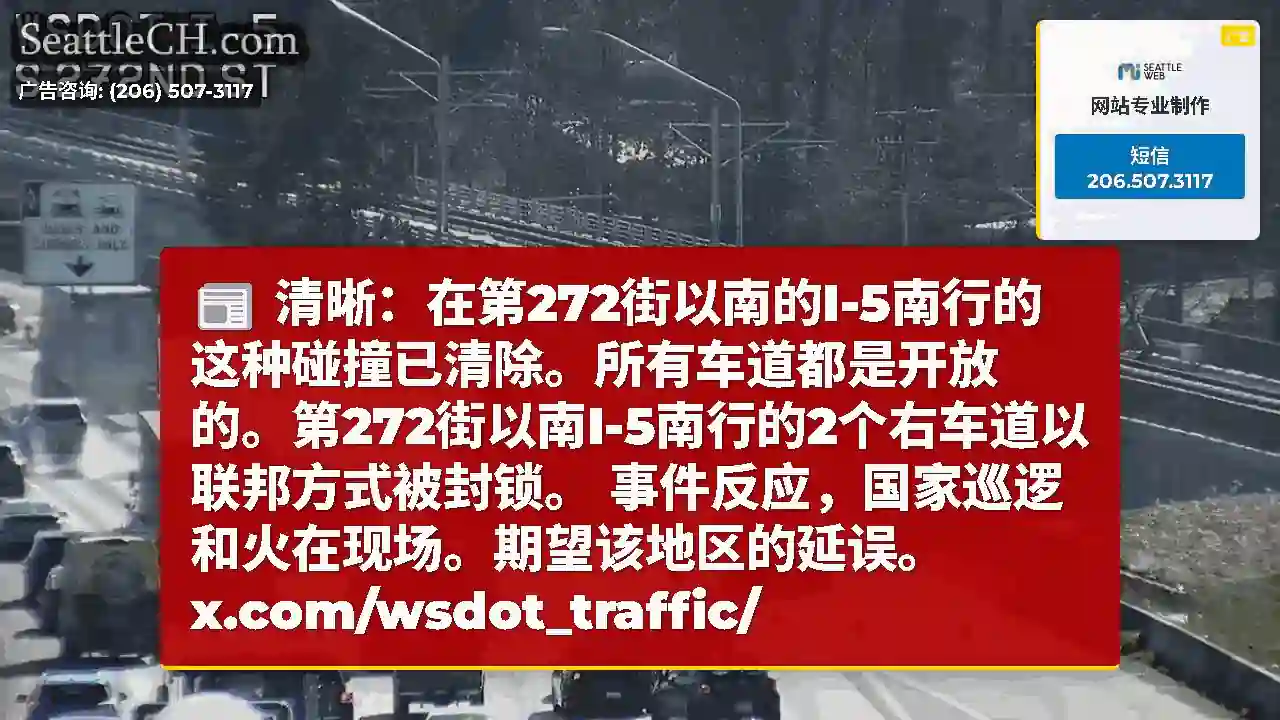 清晰：在第272街以南的I-5南行的这种碰撞已清除。所有车道都是开放的。第272街以南I-5南行的2