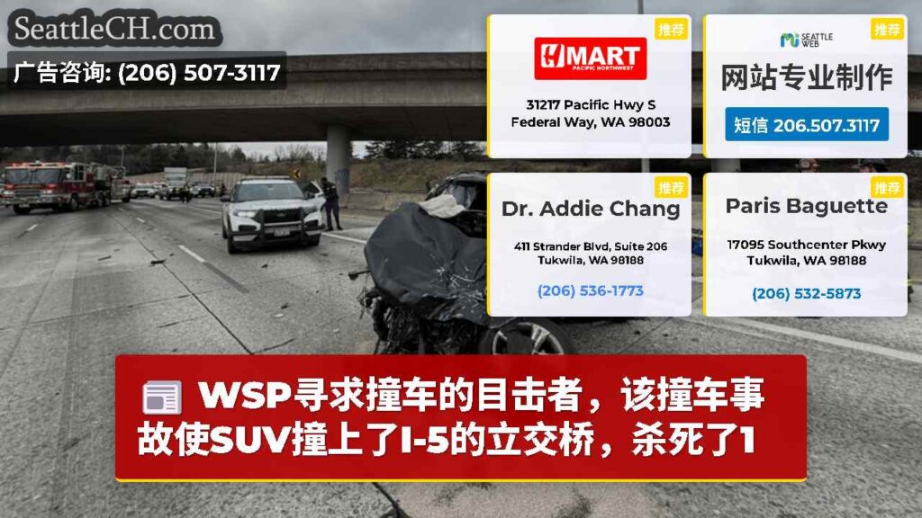 WSP寻求撞车的目击者，该撞车事故使SUV撞上了I-5的立交桥，杀死了1