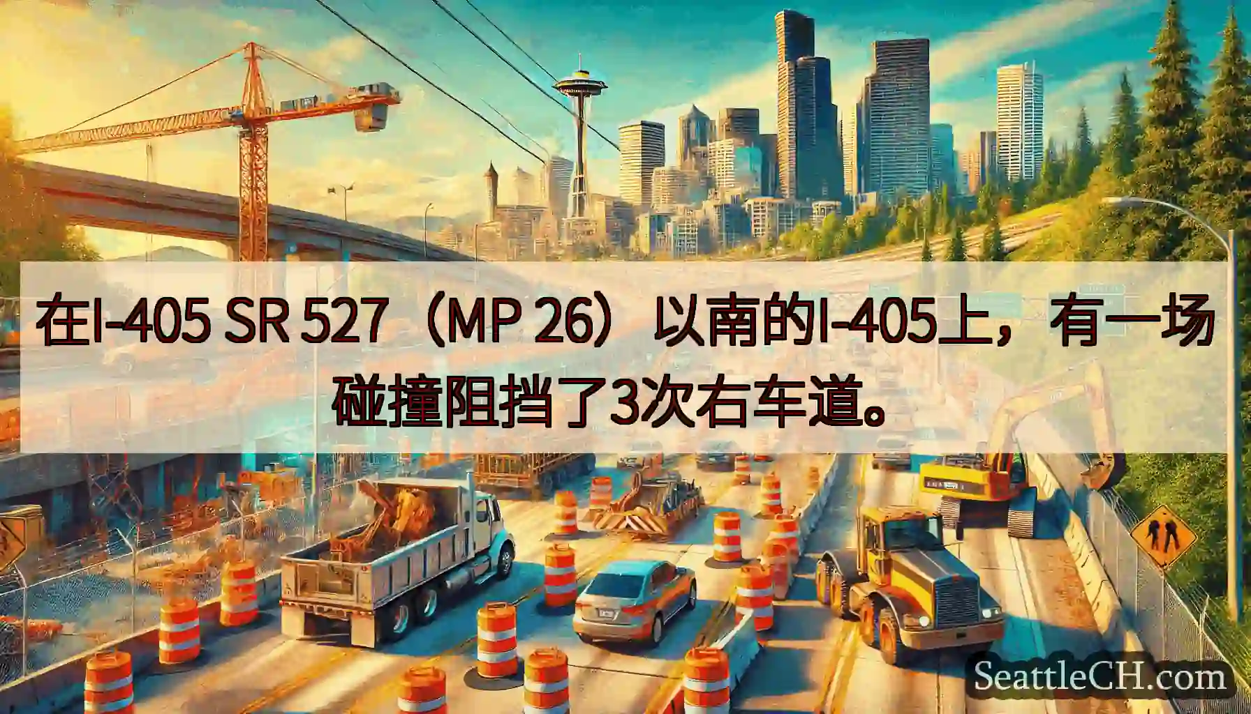 在I-405 SR 527（MP 26）以南的I-405上，有一场碰撞阻挡了3次右车道。
