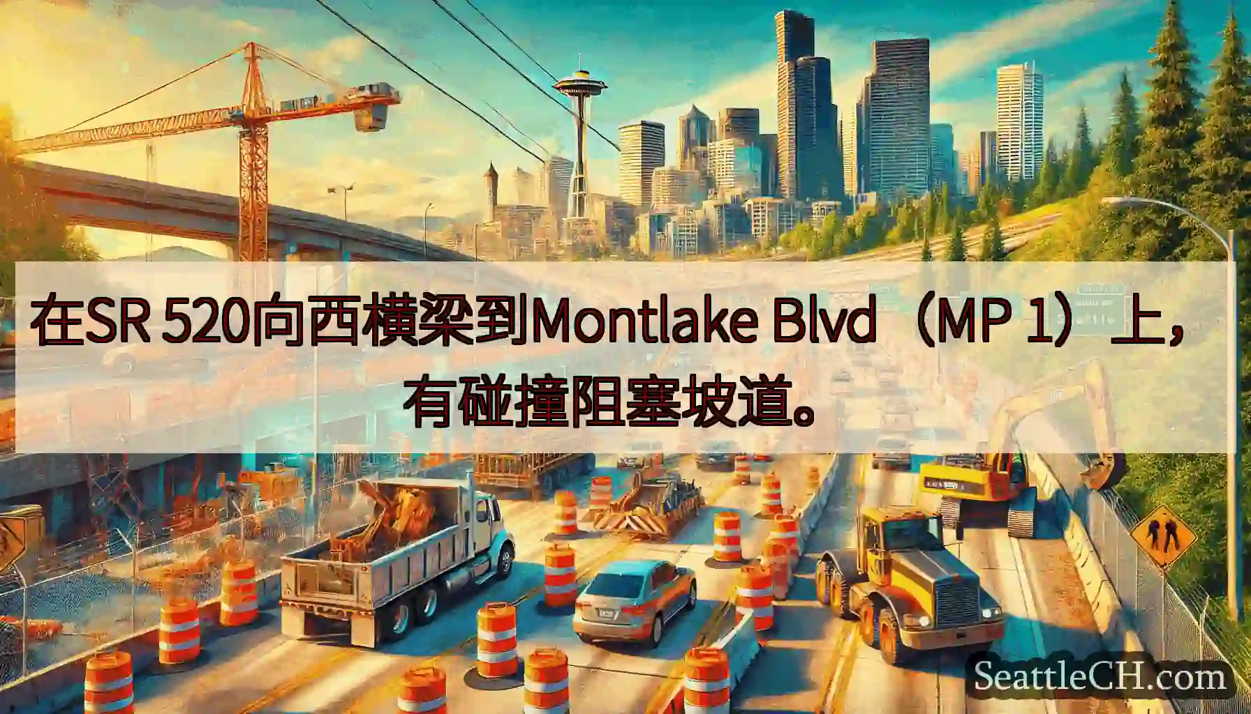 在SR 520向西横梁到Montlake Blvd（MP 1）上，有碰撞阻塞坡道。