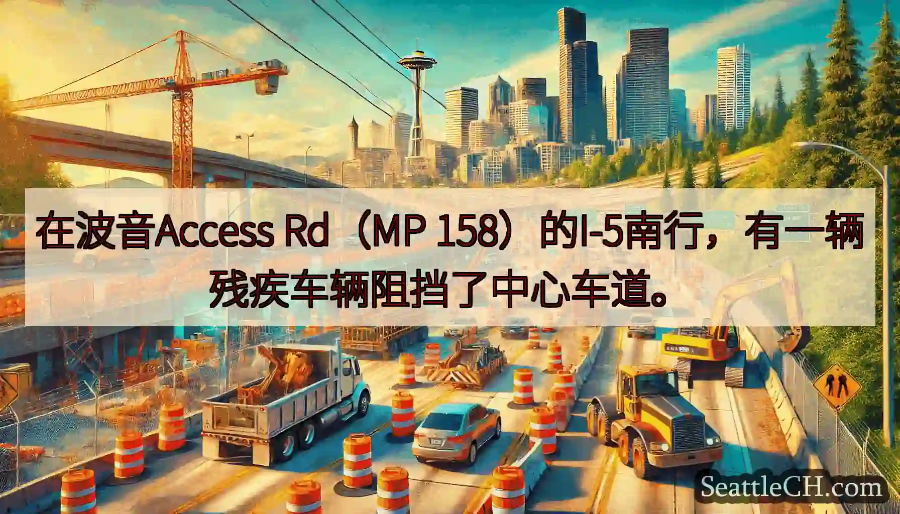 在波音Access Rd（MP 158）的I-5南行，有一辆残疾车辆阻挡了中心车道。