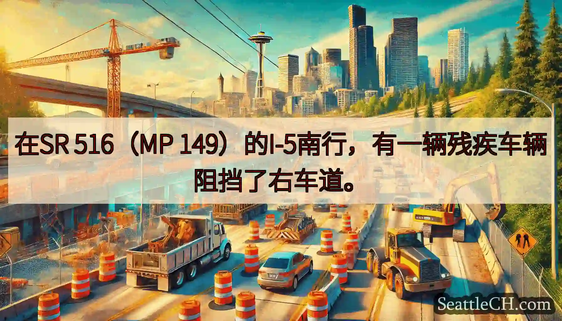 在SR 516（MP 149）的I-5南行，有一辆残疾车辆阻挡了右车道。