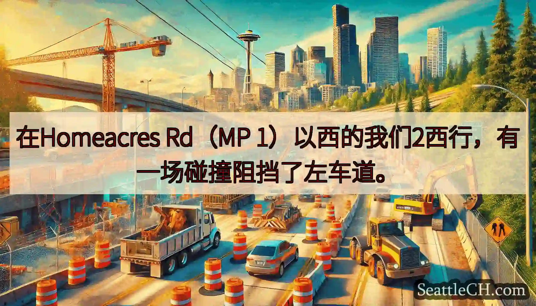 在Homeacres Rd（MP 1）以西的我们2西行，有一场碰撞阻挡了左车道。