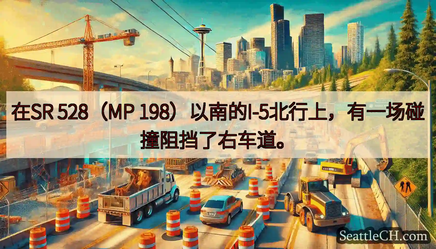 在SR 528（MP 198）以南的I-5北行上，有一场碰撞阻挡了右车道。
