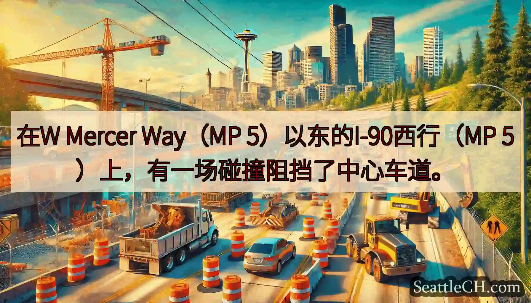 在W Mercer Way（MP 5）以东的I-90西行（MP 5）上，有一场碰撞阻挡了中心车道。