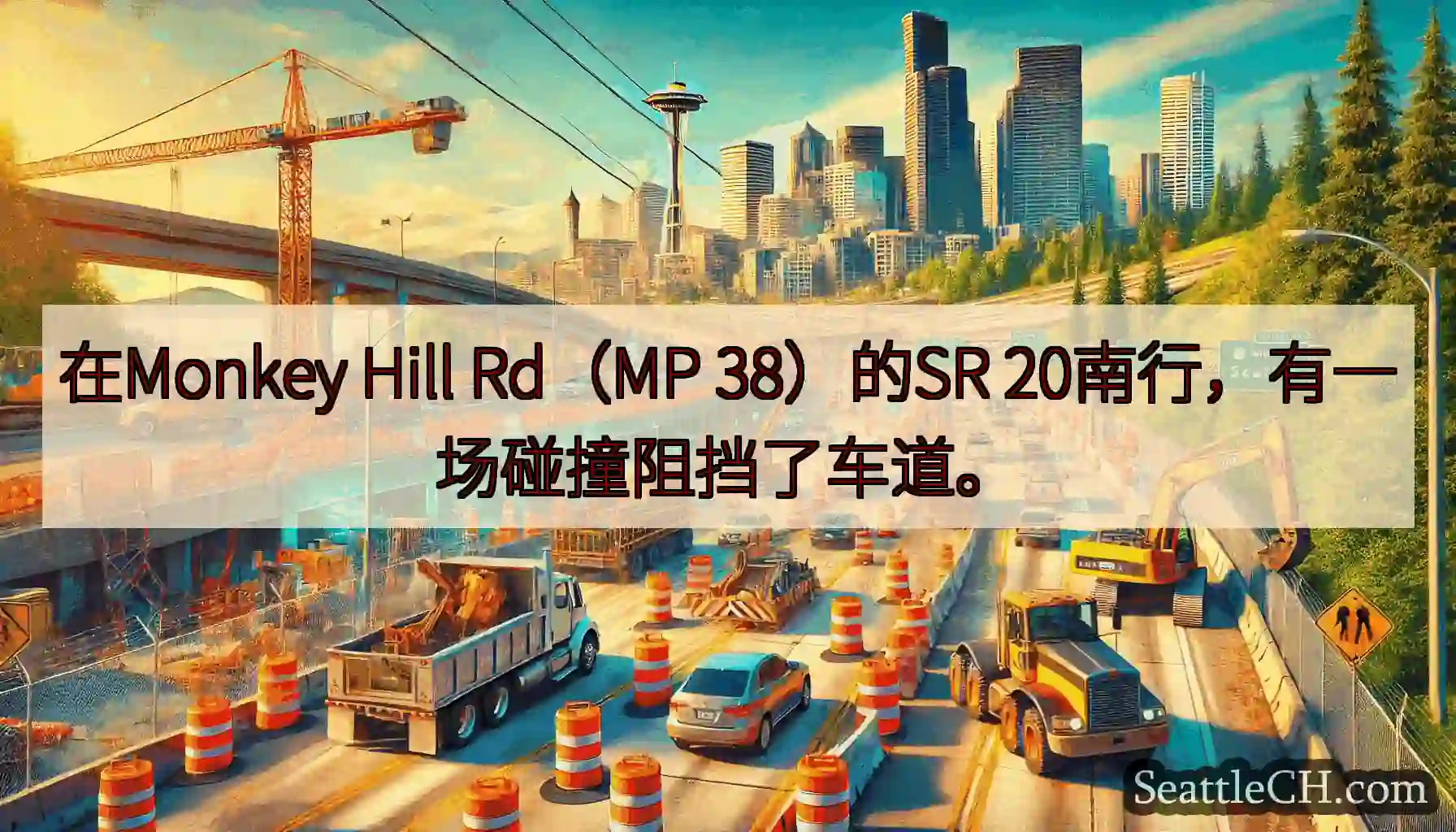 在Monkey Hill Rd（MP 38）的SR 20南行，有一场碰撞阻挡了车道。