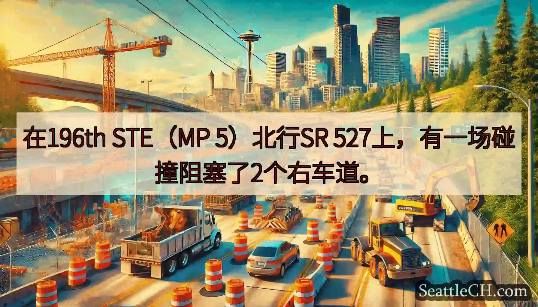 在196th STE（MP 5）北行SR 527上，有一场碰撞阻塞了2个右车道。