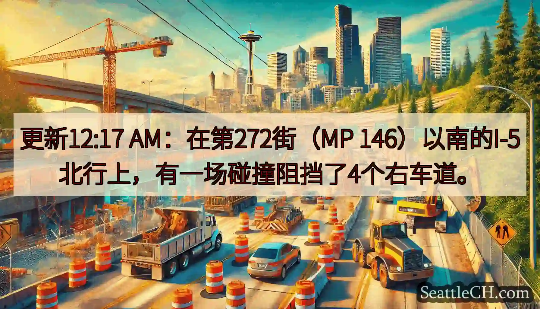 更新12:17 AM：在第272街（MP 146）以南的I-5北行上，有一场碰撞阻挡了4个右车道。