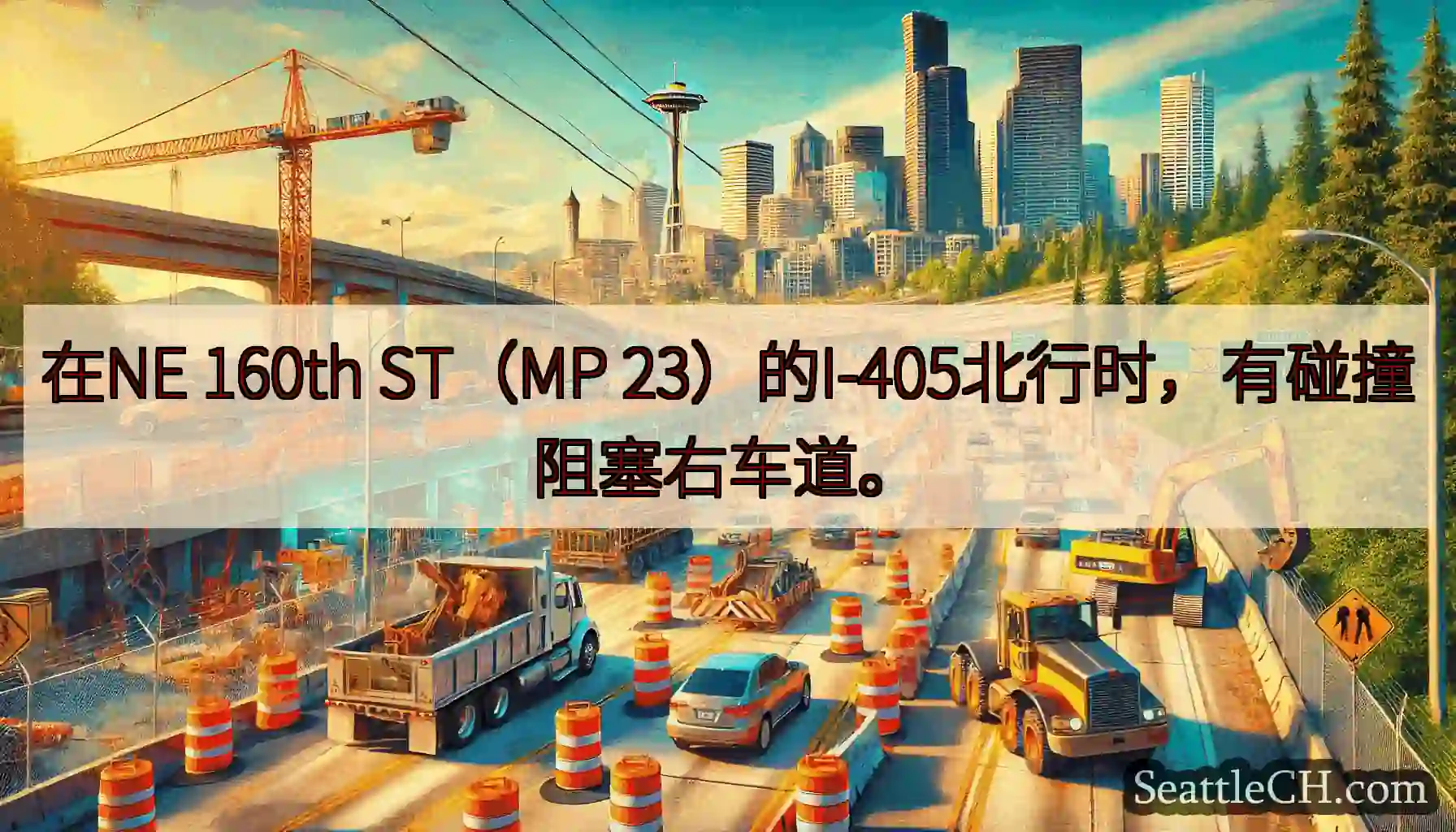 在NE 160th ST（MP 23）的I-405北行时，有碰撞阻塞右车道。