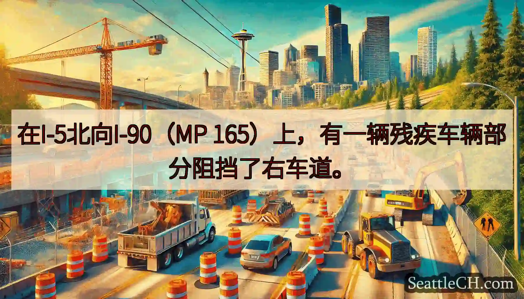 在I-5北向I-90（MP 165）上，有一辆残疾车辆部分阻挡了右车道。