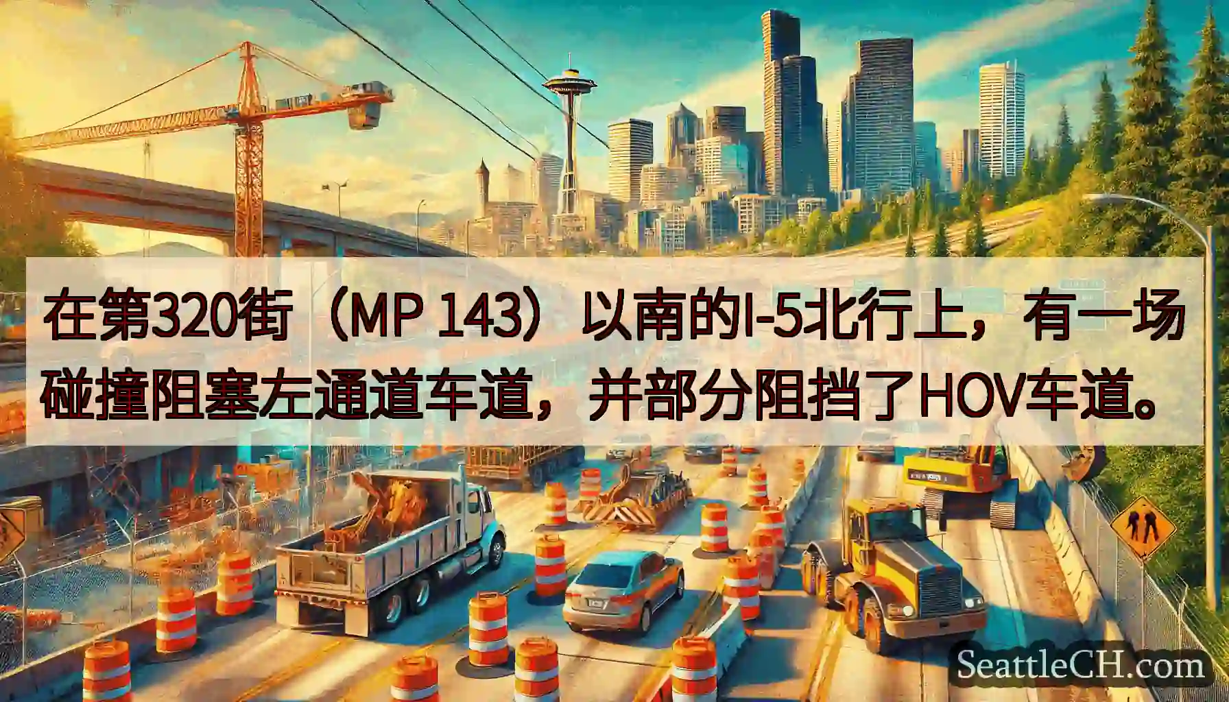 在第320街（MP 143）以南的I-5北行上，有一场碰撞阻塞左通道车道，并部分阻挡了HOV车道。