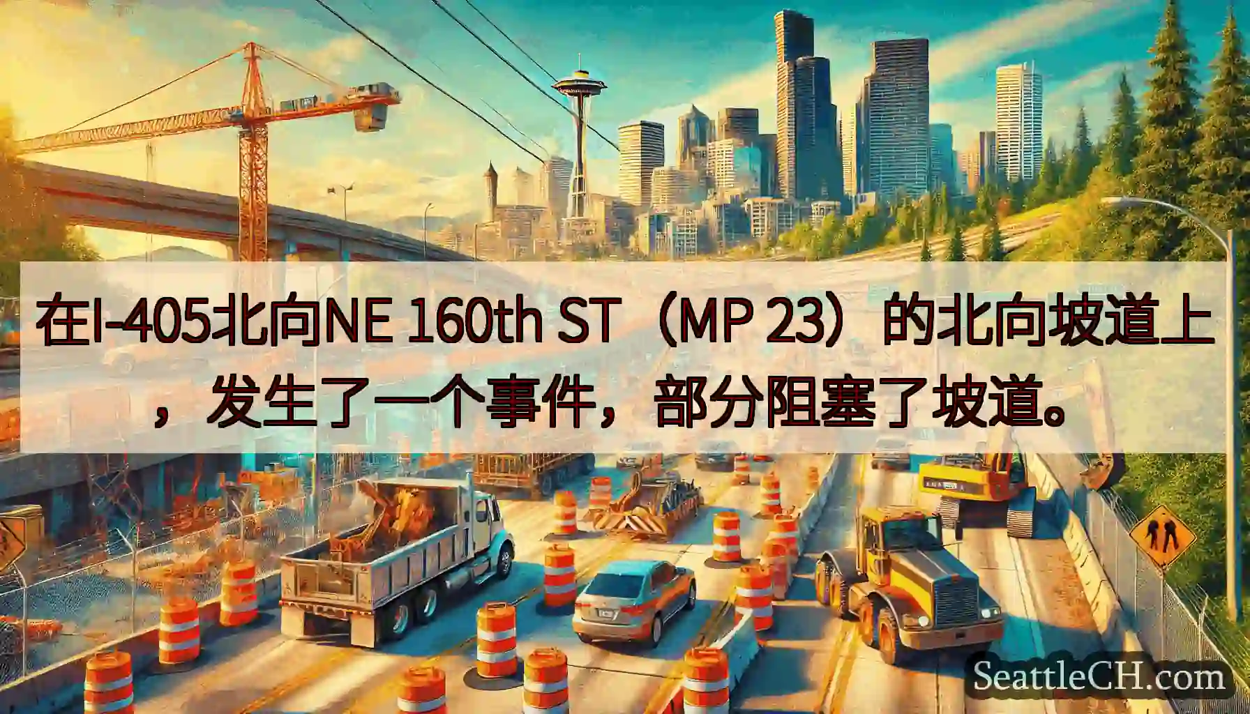 在I-405北向NE 160th ST（MP 23）的北向坡道上，发生了一个事件，部分阻塞了坡道。