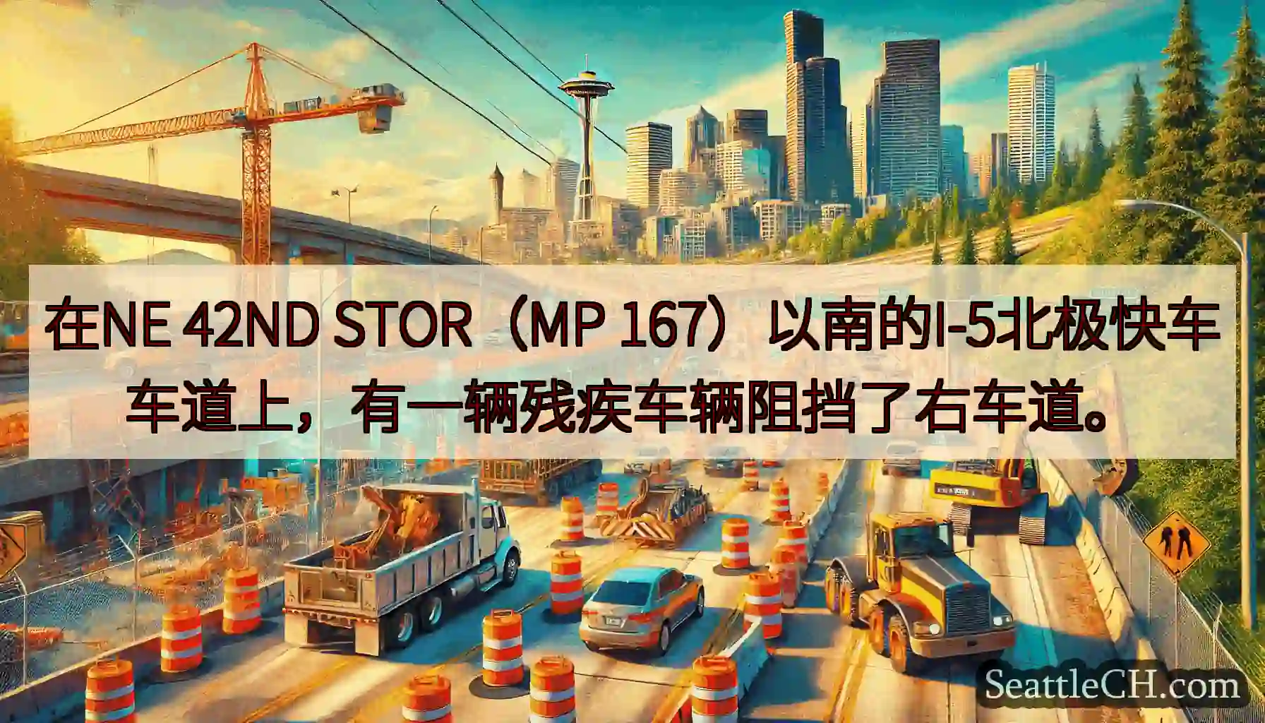 在NE 42ND STOR（MP 167）以南的I-5北极快车车道上，有一辆残疾车辆阻挡了右车道。