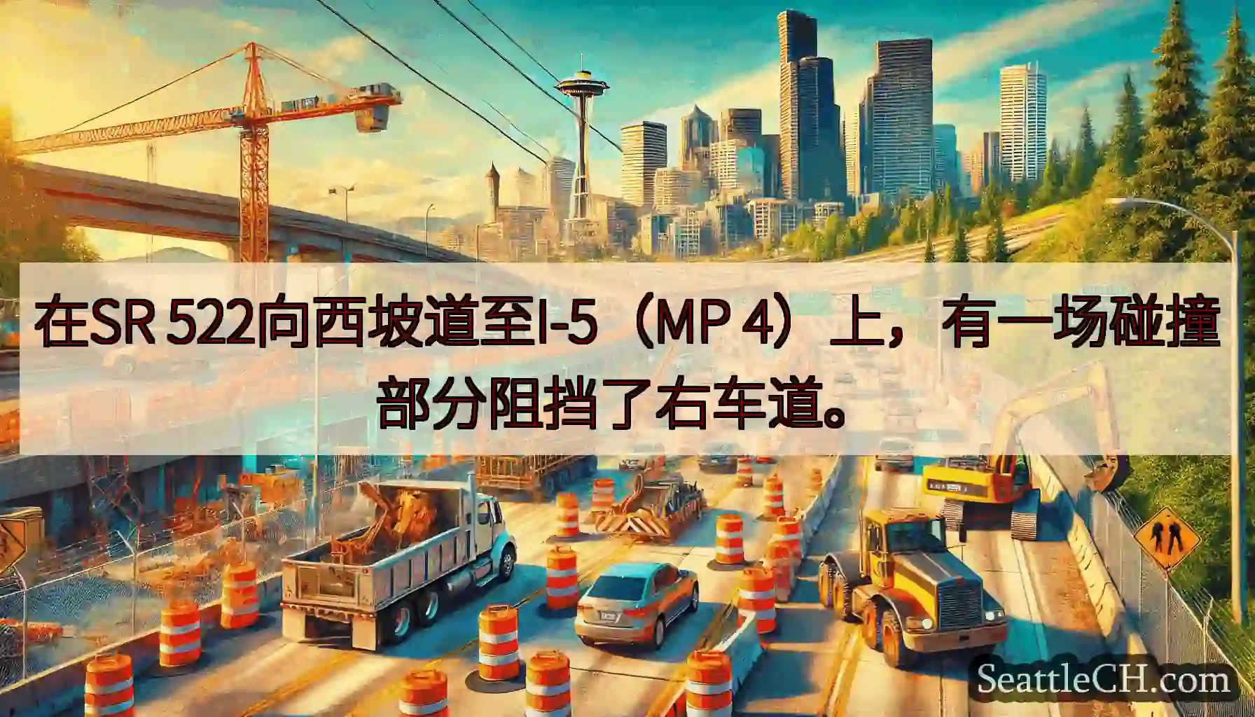 在SR 522向西坡道至I-5（MP 4）上，有一场碰撞部分阻挡了右车道。