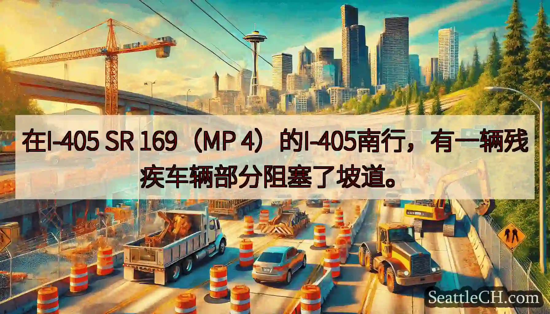 在I-405 SR 169（MP 4）的I-405南行，有一辆残疾车辆部分阻塞了坡道。