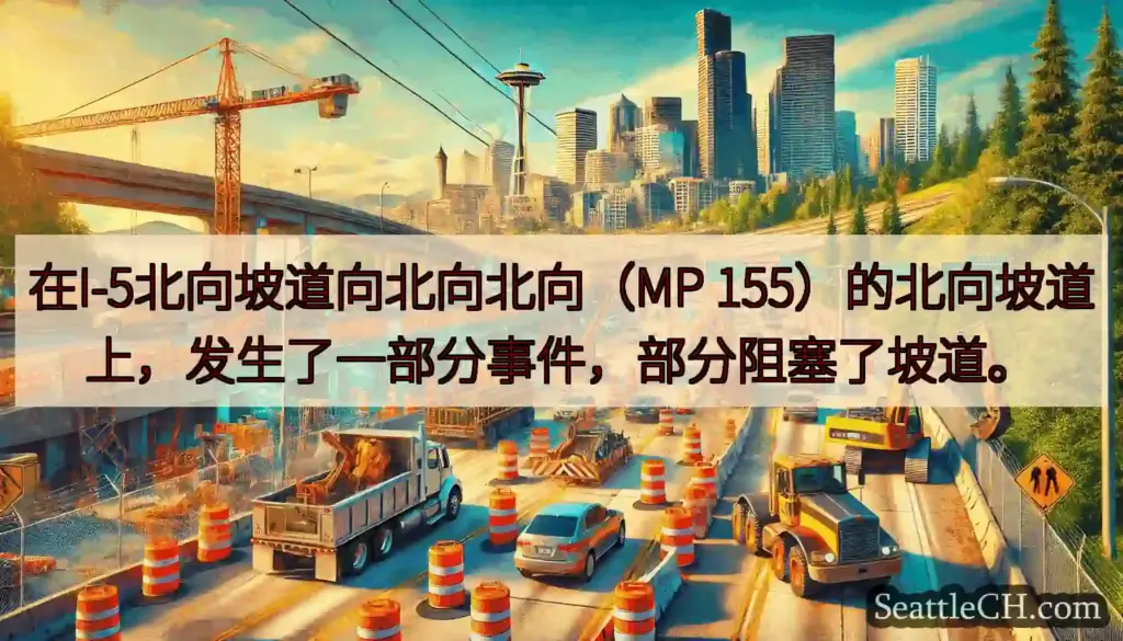 在I-5北向坡道向北向北向（MP 155）的北向坡道上，发生了一部分事件，部分阻塞了坡道。