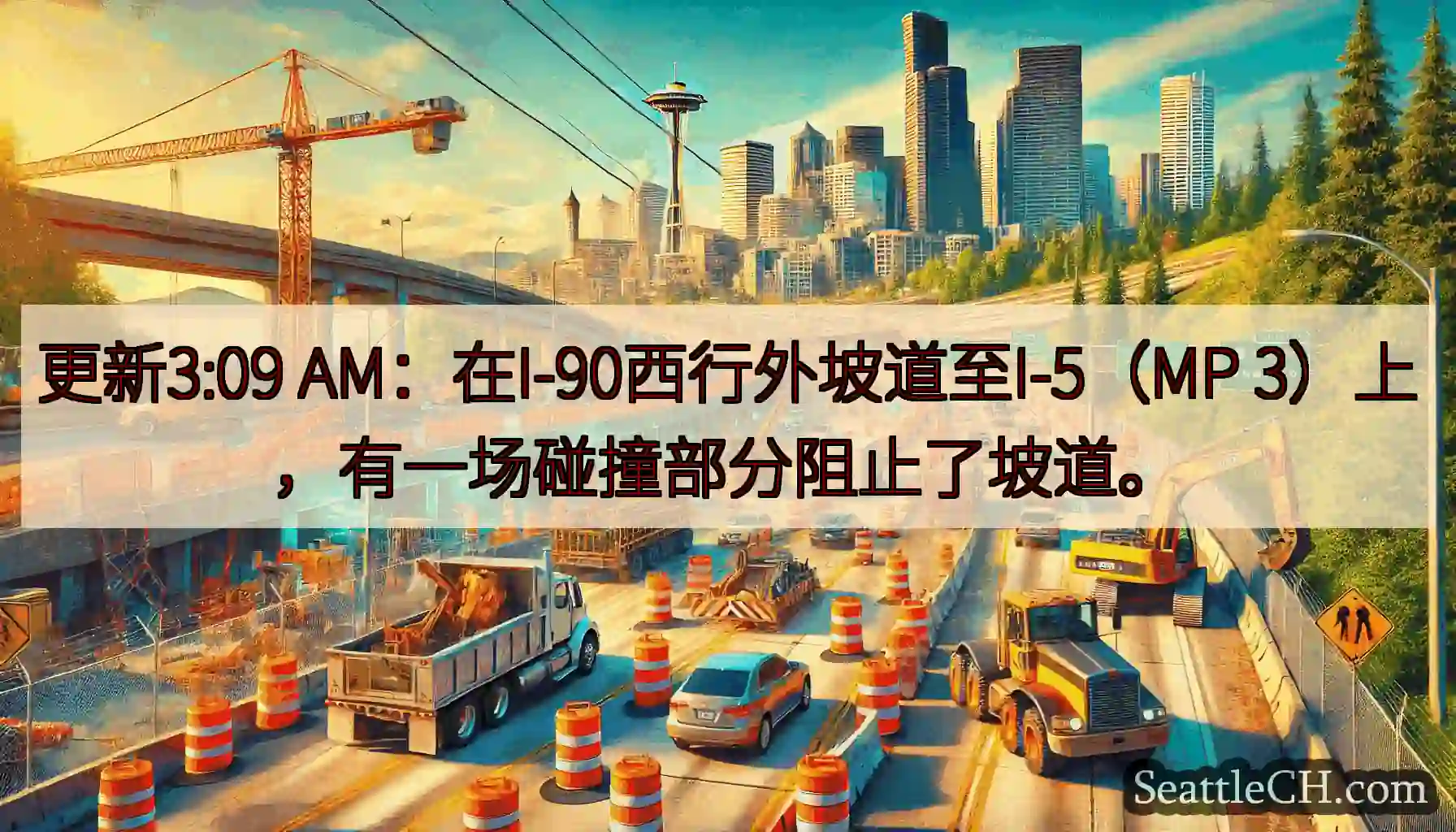 更新3:09 AM：在I-90西行外坡道至I-5（MP 3）上，有一场碰撞部分阻止了坡道。