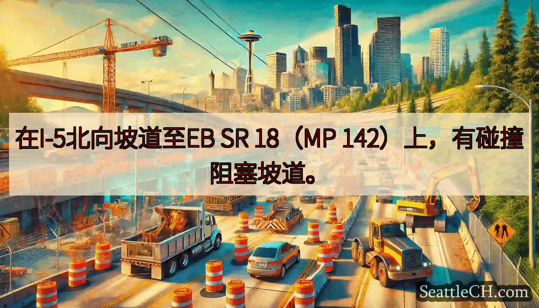 在I-5北向坡道至EB SR 18（MP 142）上，有碰撞阻塞坡道。
