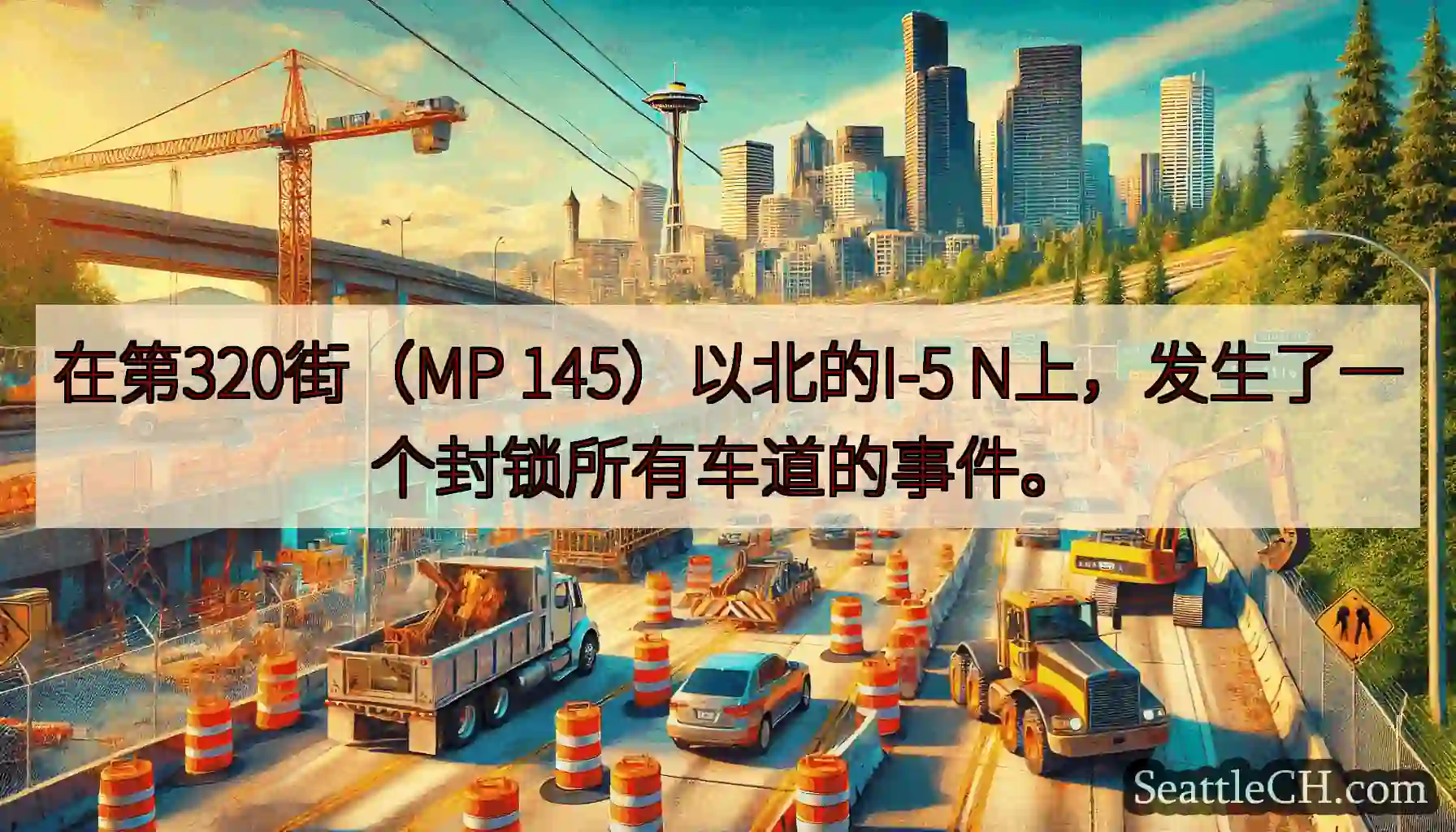 在第320街（MP 145）以北的I-5 N上，发生了一个封锁所有车道的事件。