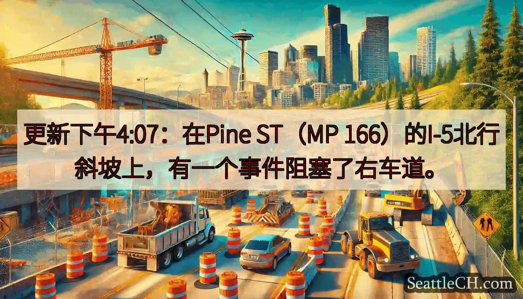 更新下午4:07：在Pine ST（MP 166）的I-5北行斜坡上，有一个事件阻塞了右车道。