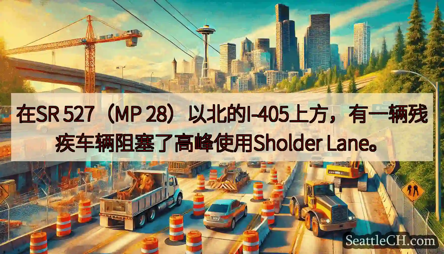 在SR 527（MP 28）以北的I-405上方，有一辆残疾车辆阻塞了高峰使用Sholder