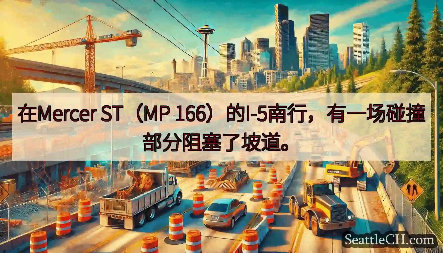 在Mercer ST（MP 166）的I-5南行，有一场碰撞部分阻塞了坡道。