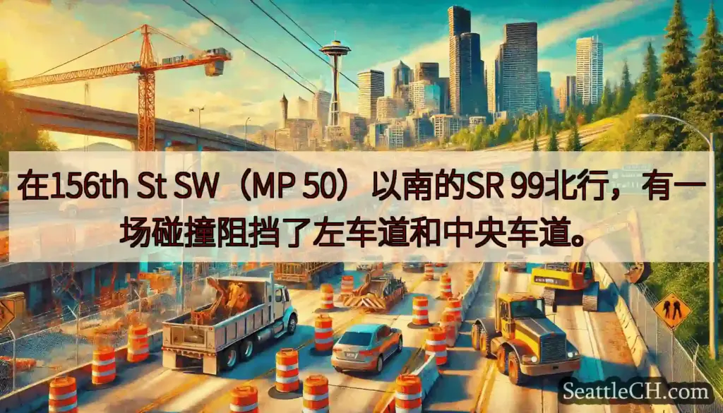 在156th St SW（MP 50）以南的SR 99北行，有一场碰撞阻挡了左车道和中央车道。