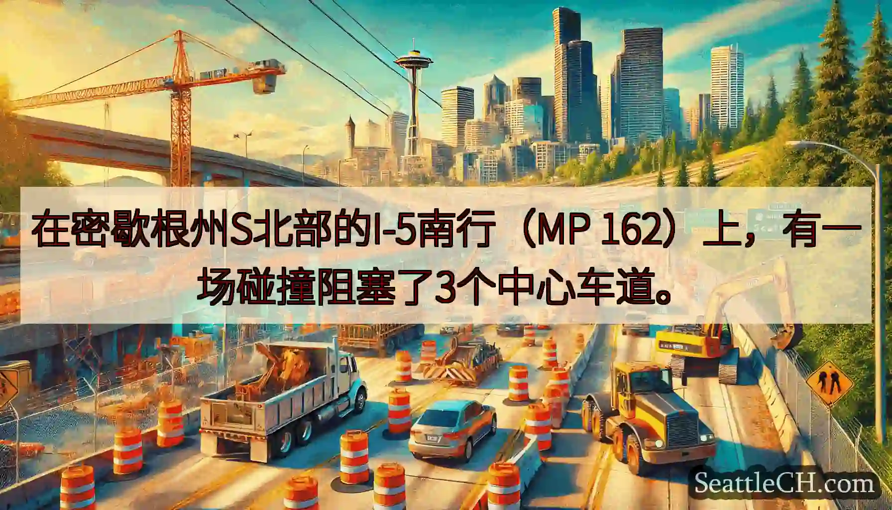 在密歇根州S北部的I-5南行（MP 162）上，有一场碰撞阻塞了3个中心车道。