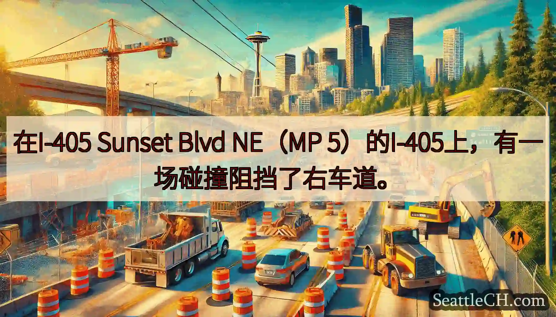 在I-405 Sunset Blvd NE（MP 5）的I-405上，有一场碰撞阻挡了右车道。