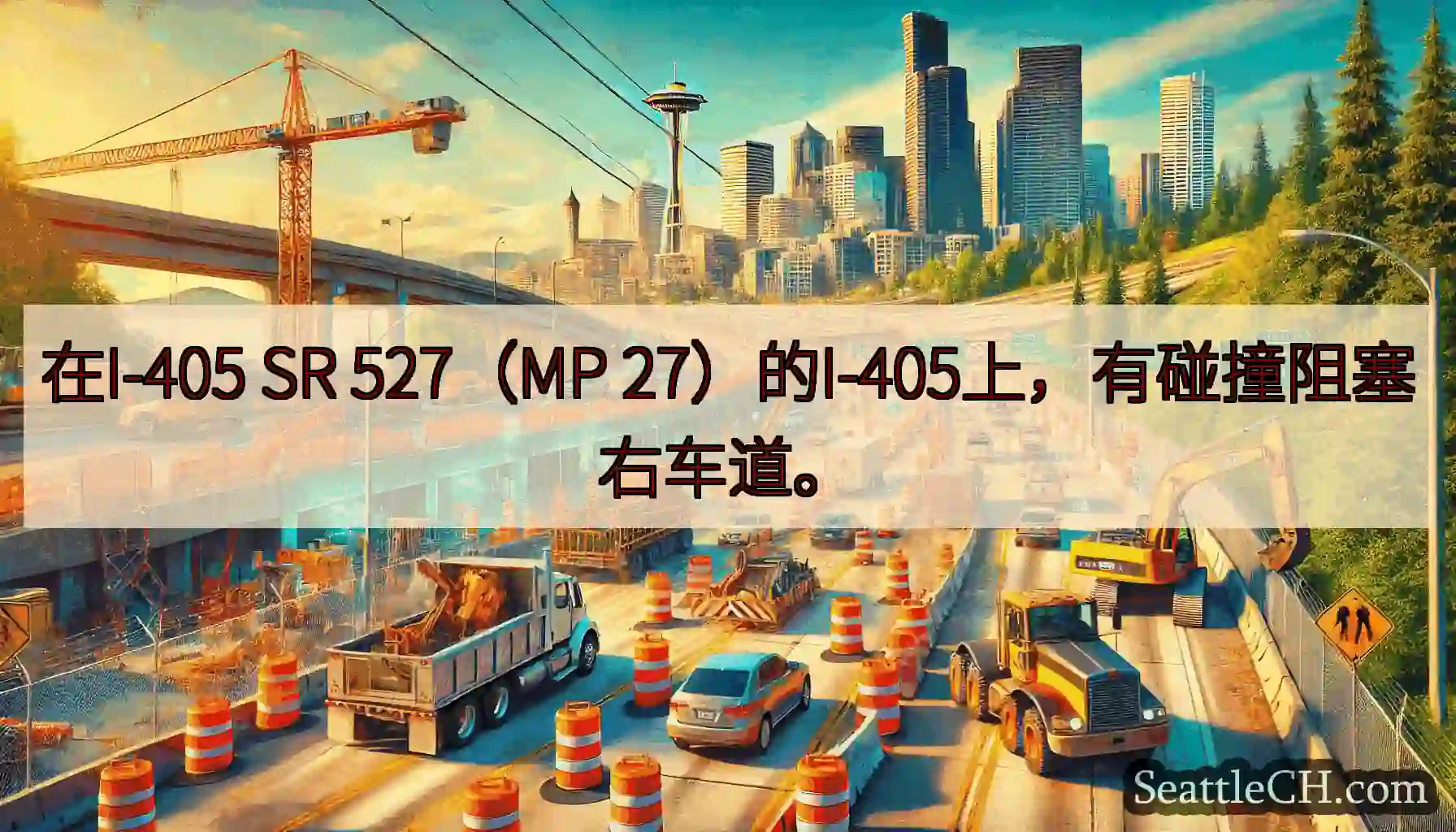 在I-405 SR 527（MP 27）的I-405上，有碰撞阻塞右车道。