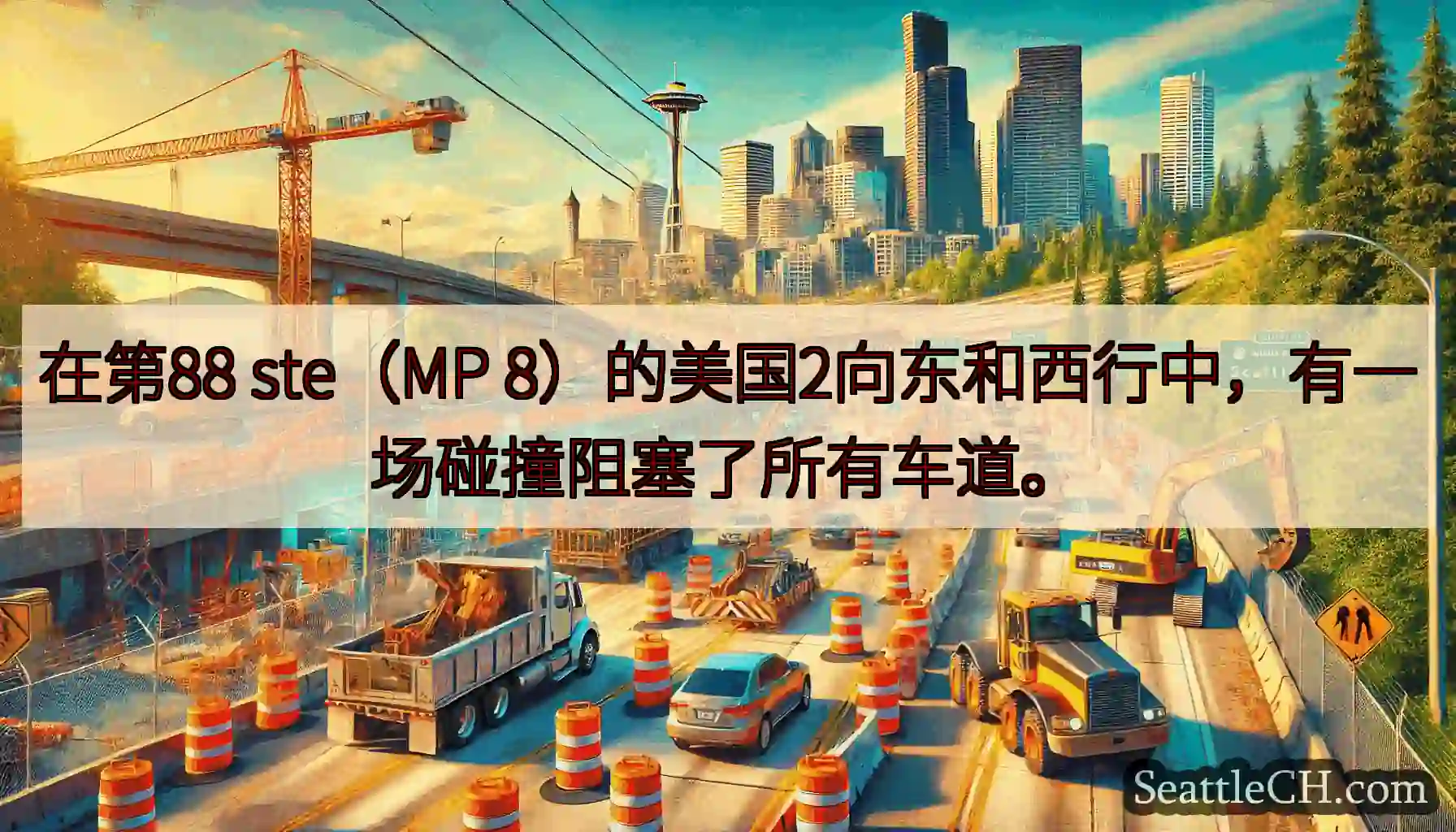 在第88 ste（MP 8）的美国2向东和西行中，有一场碰撞阻塞了所有车道。