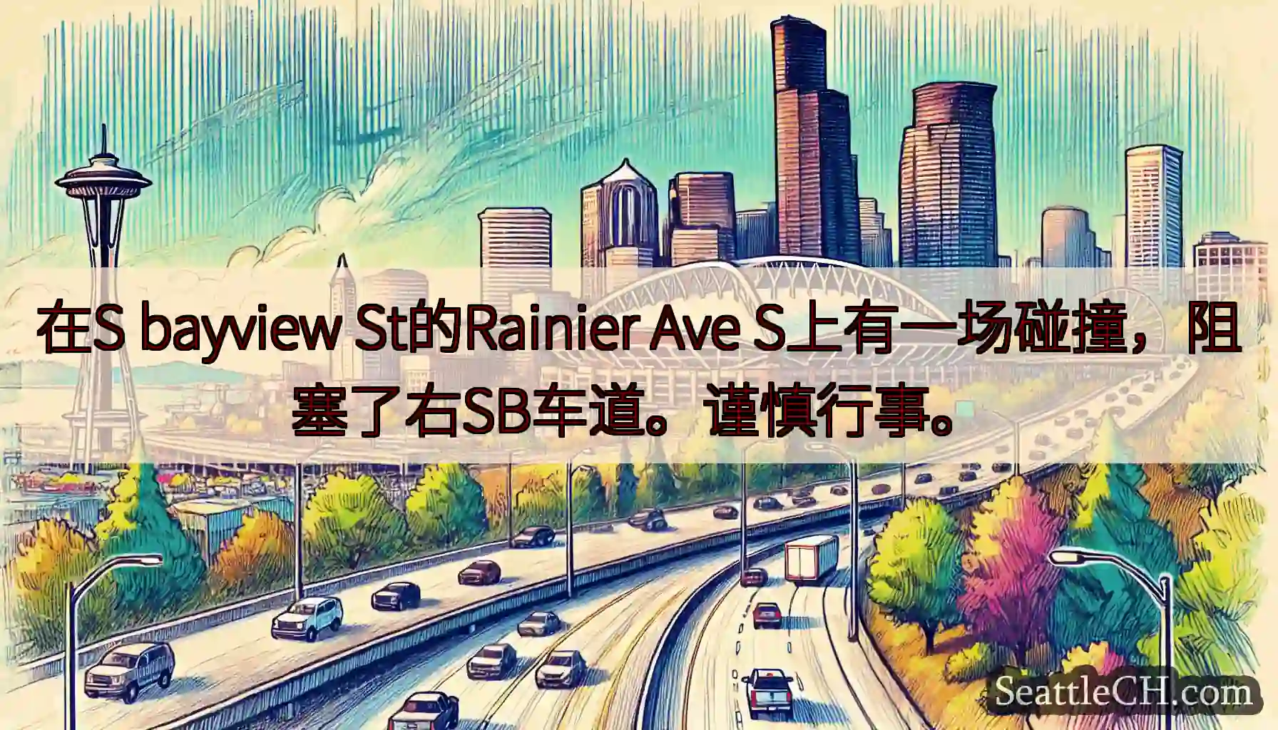 在S bayview St的Rainier Ave S上有一场碰撞，阻塞了右SB车道。谨慎行事。