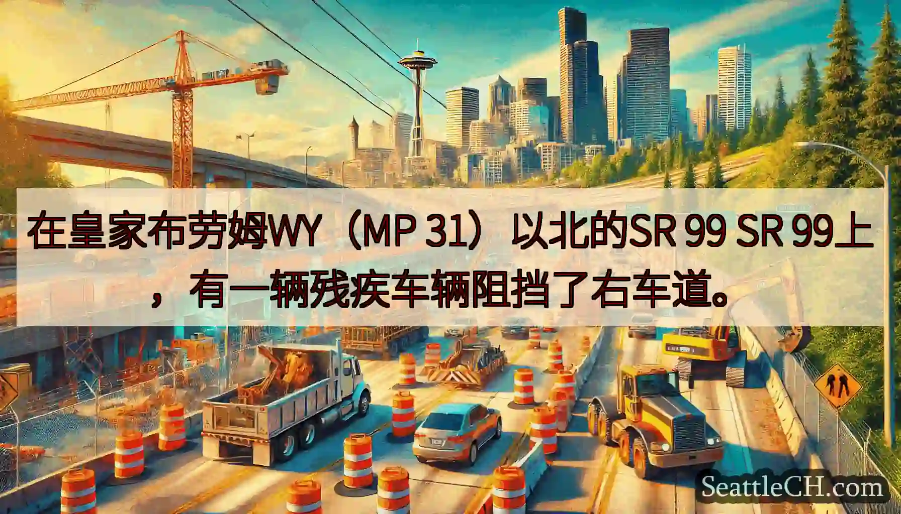在皇家布劳姆WY（MP 31）以北的SR 99 SR 99上，有一辆残疾车辆阻挡了右车道。