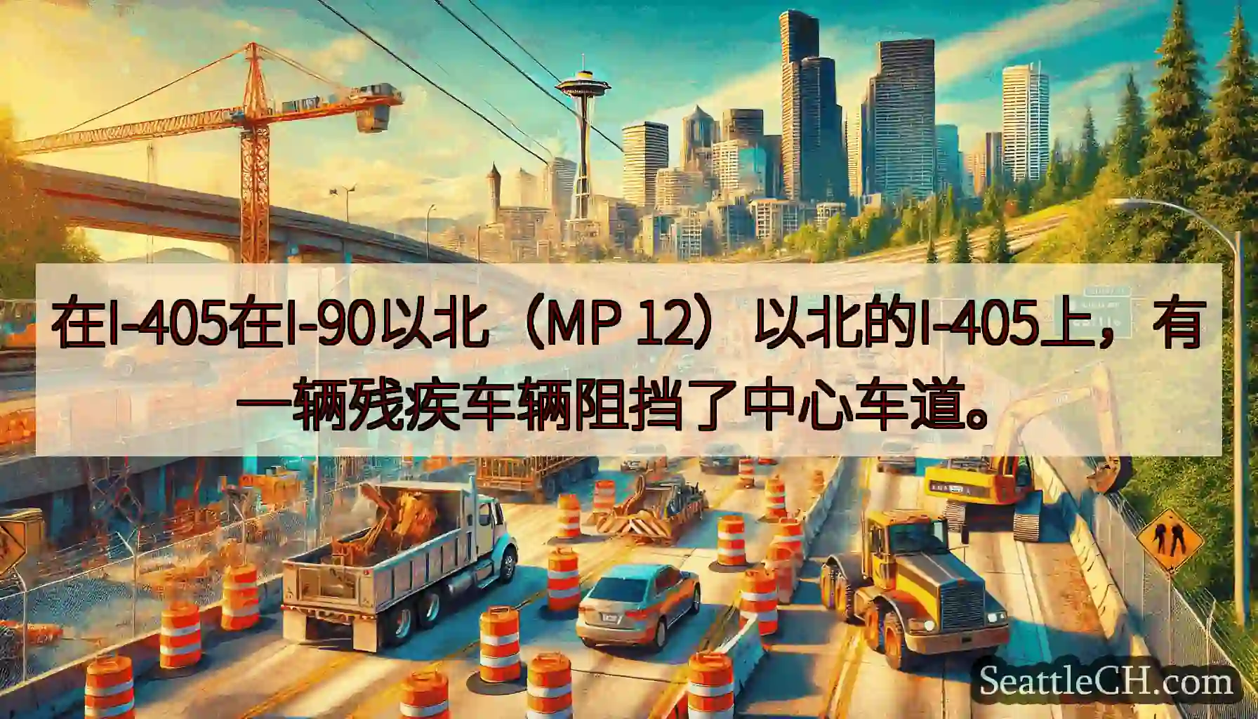 在I-405在I-90以北（MP 12）以北的I-405上，有一辆残疾车辆阻挡了中心车道。